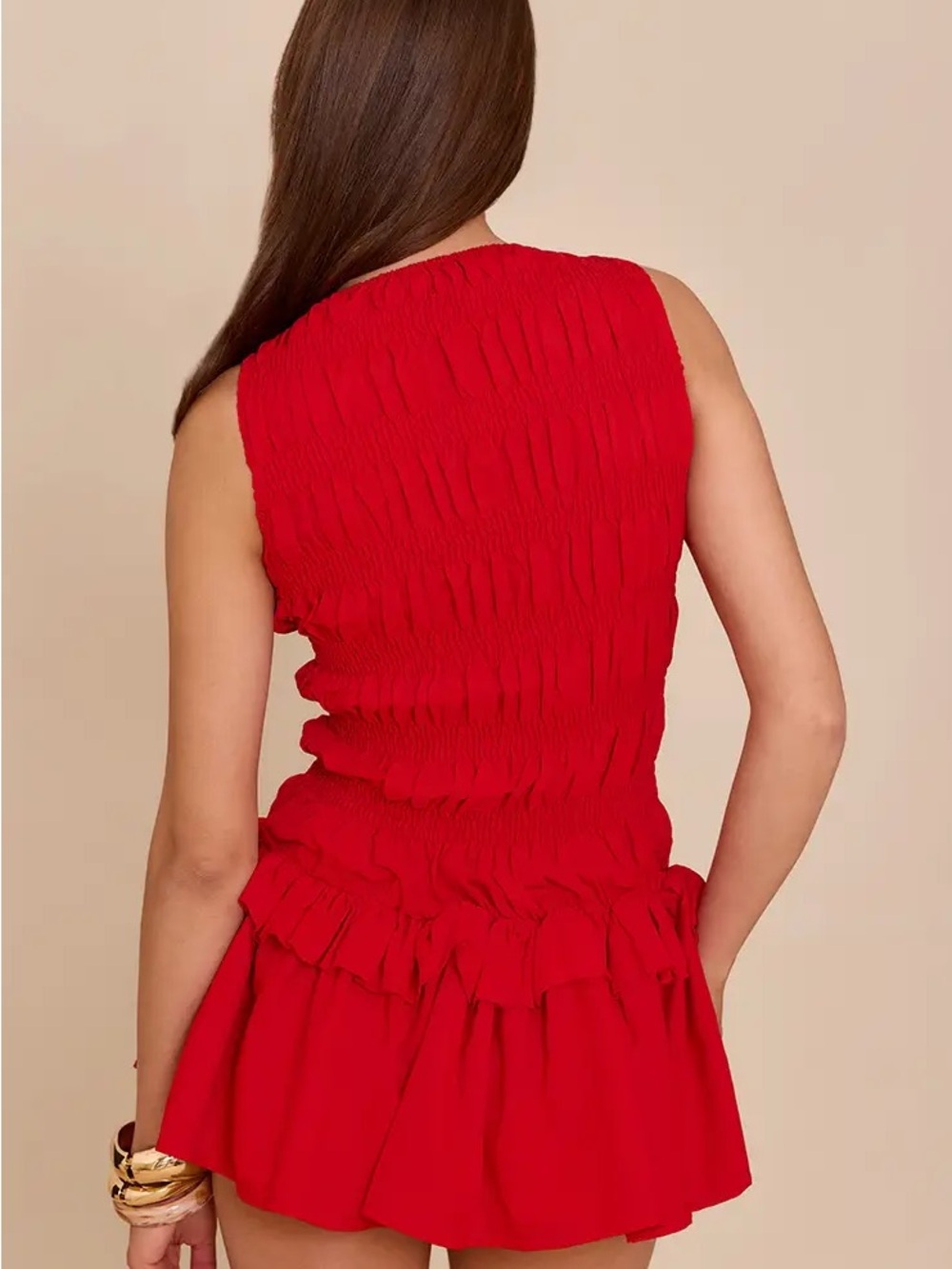 PrettyLittleThing Red Smocked Ruffle Mini Dress - Picture 2 of 2